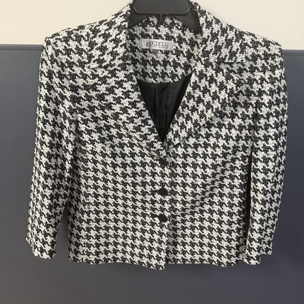 Kasper Houndstooth Blazer Jacket Black White Lined Long Sleeve Women's Size 12